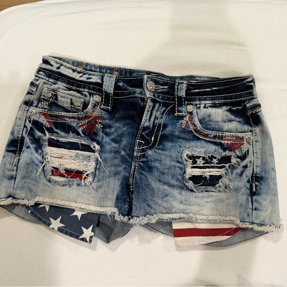 Miss Me Blue and Red Distressed Jean Shorts with Flag Accents